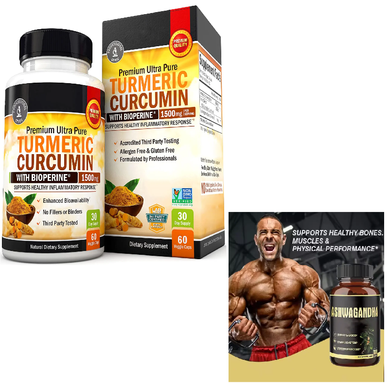 Bundle of High-Strength Turmeric & Curcumin Complex (Pack of 2) and Adaptogen Energy Blend with Ashwagandha